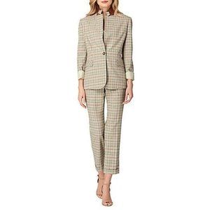 Tahari Arthur S. Levine Stand Collar Plaid Jacket Blazer Pant Suit Beige Black